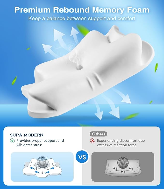 SUPA MODERN Cooling Cervical Neck Pillow for Sleeping, Contour Side Sleeper Pillow for Adults, Ergonomic Memory Foam Orthopedic Neck Pain Relief, Stomach Sleeping with Luxury Cool Cover