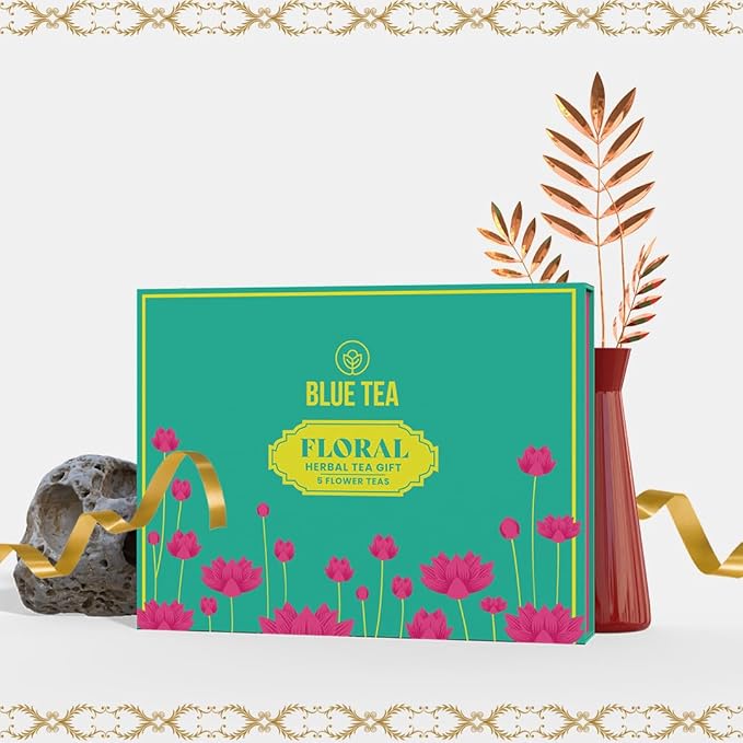 BLUE TEA - Floral Herbal Tea Gift - 5 Flower Tea in Glass Tube | EXOTIC TEA GIFT SET | Flower Based - Loose | Butterfly Pea, Rose, Marigold, Lavender, Hibiscus | Caffeine Free | Variety Tea | Tea Gifts for Women & Men