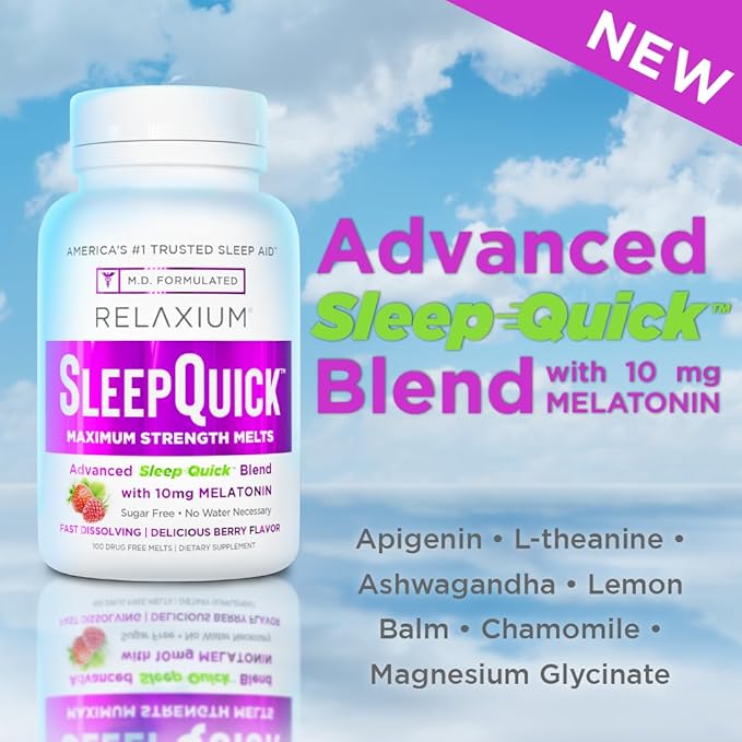 Relaxium Sleep Quick Maximum Strength Melts, Fast Acting Sleep Aid with 10 mg Melatonin, Drug Free Dietary Supplement, Vegan, Gluten Free, Made in USA, 100 Servings, Berry Flavor