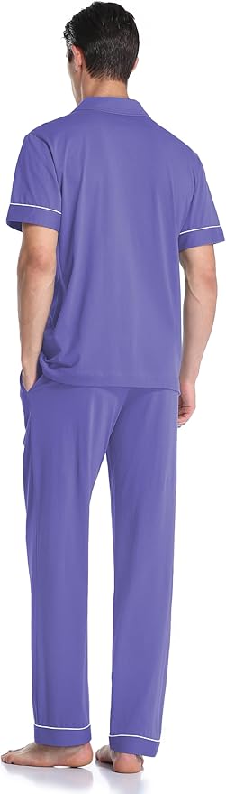 COLORFULLEAF Men's 100% Cotton Pajamas Set Button Down Sleepwear Short Sleeve and Long Pants Pjs