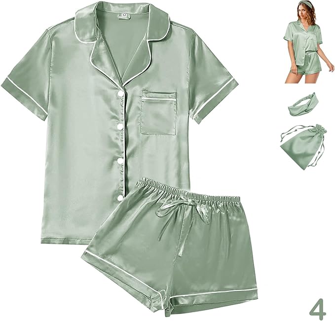 4Pcs Womens Satin Silky Pajama Sets Short Sleeve Shirt XS-4XL Floral Pajamas Set Soft PJ Loungewear Sleepwear