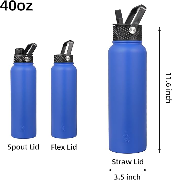 BJPKPK Insulated Water Bottles with Straw Lid, 40oz Stainless Steel Metal Water Bottle with 3 Lids, Reusable Thermo, Keep Cold Hot for Sports, Gym-Sapphire