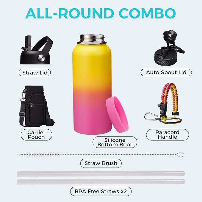 Stainless Steel Water Bottles 32oz - Cold-48h Hot-24h Insulated Water Bottle with Straw & Auto Spout Lid, Carrier Bag & Protective Cup Mat, Metal Thermo Flask Reusable Gym Waterbottle Jug Leak Proof