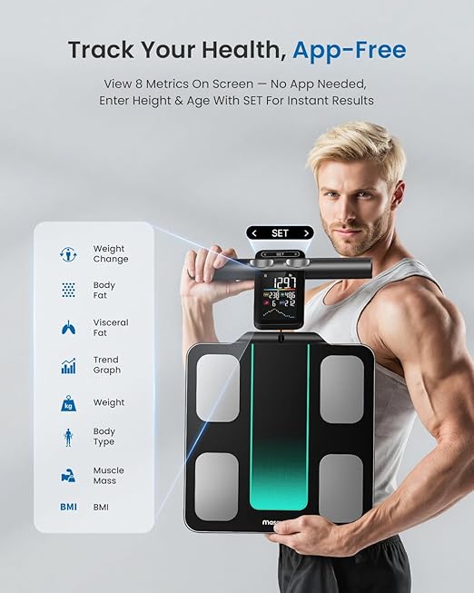 Scale for Body Weight 8 Electrodes Dual Frequency BIA Measurement Digital Bathroom Scale with Handle VA Display 28 Body Metrics Compatible with iOS & Android
