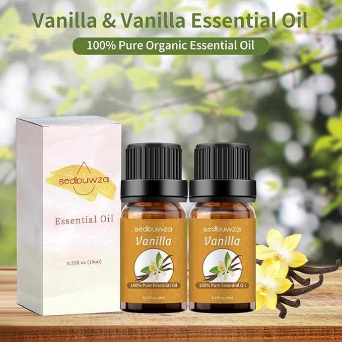 Sedbuwza Vanilla Essential Oil Set, 2 Pack Vanilla Aromatherapy Oils for Massage, Diffuser, Perfume, Soap, Candle Making 2 x 10 ml