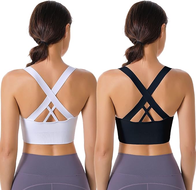 Evercute Sports Bra for Women Padded Medium Support Criss Cross Strappy Bras Seamless High Impact Yoga Exercise Athletic Bras