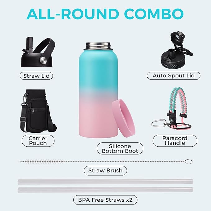 32/40/64 OZ Water Bottle with Straw - Spout Lid, Kepp Cold-48H Hot-24H, Insulated Water Bottles with Strap Carrier Bag, Paracord Handle, Protective Boot, Leakproof Metal Hydro Water Flask