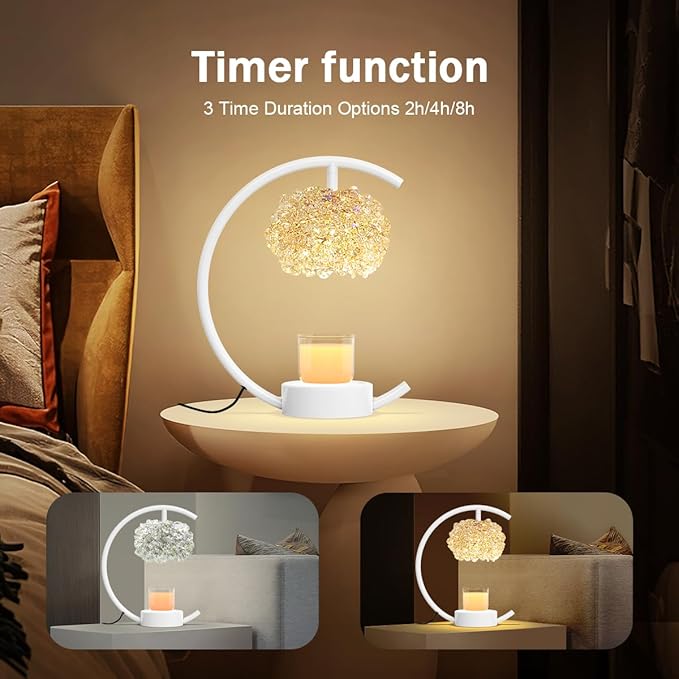 White Candle Warmer Lamp for Jar Candles with Adjustable Brightness&Timer,Handcrafted Crystal&Wooden Base,Candle Lamp Luxurious Design+2Bulbs,Home Decoration Electric Candle lamp(C-Shaped)