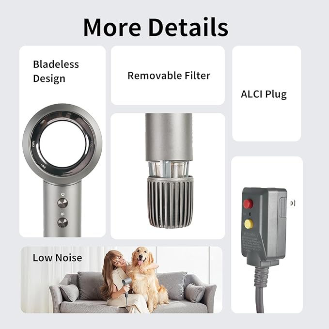 Bladeless Ionic Hair Dryer, 110,000 RPM Diffuser Hair Dryer, 300M Negative Ion, 6.5ft Cord, 3 Heat Settings & 3 Speed, with Concentrator Nozzle and Diffuser for Curly Hair, for Women Men, Grey
