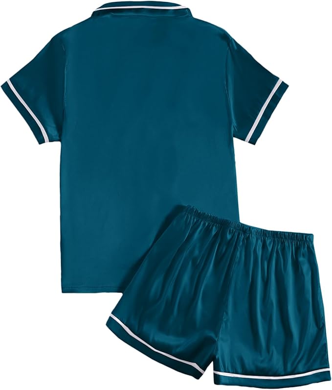 LYANER Women's Satin Silky Short Sleeve Button Shirt Sleepwear 2Piece Pajama Set