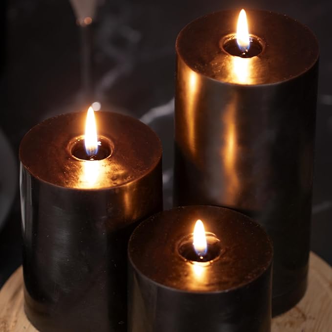 KONNI Black Pillar Candles Set of 3, 3"x 6" Unscented Pillar Candles Bulk, 56 Hours Long Burning Candles, Smokeless&Dripless Large Round Candle for Wedding, Home Decoration, Parties, Spas, Dinner