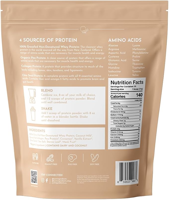 JUST INGREDIENTS Snickerdoodle Protein Powder – 30-Serving Blend with 100% Grass-Fed Whey & Organic Plant Proteins – Cinnamon & Vanilla Flavor – Supports Muscle Recovery, Energy*