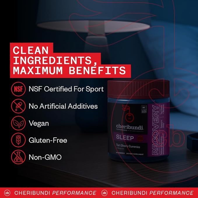 Cheribundi Tart Cherry Gummies Sleep | Performance for Maximum Recovery with 25 Tart Cherries | Powerful Antioxidant Support, Non-GMO, Gluten-Free, Vegan | 20 Calories per Serving | 60 Count