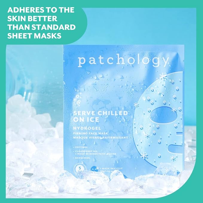 Patchology Iced Cooling and Firming Hydrogel Masks with Peptides, Cloudberry Oil and Bakuchiol. Facial Sheet Mask designed to firm skin and soothe redness and puffiness 1 - Count (Pack of 2)