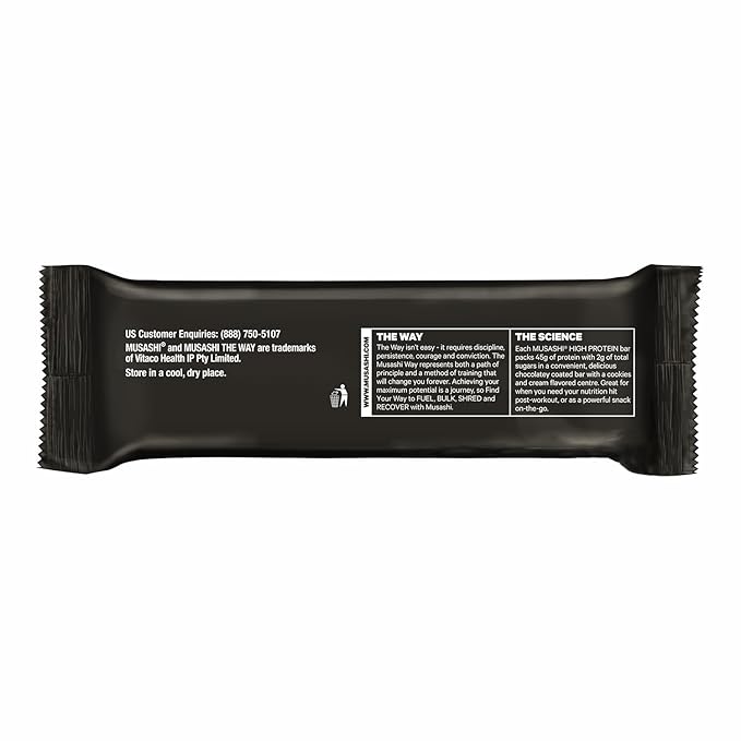MUSASHI High Protein Bar, 45g Protein, 2g Total Sugars, Cookies & Cream, Post Workout and Protein Snack On The Go, 12 Pack of 3.2oz (90g) Bars