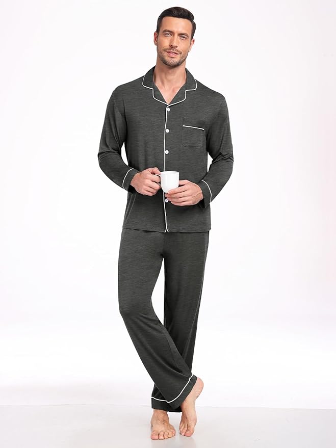 Men Modal Pajama Set Long Sleeve Pjs Button Down Sleepwear Soft Comfy Loungewear Sets 2 Piece Nightwear S-3XL