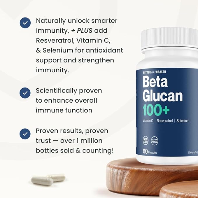 Better Way Health Advanced Immune Readiness – 1,3/1,6 Beta Glucan with Vitamin C, Selenium & Resveratrol – Immune Support Supplement for NK Cells & Phagocytosis – 60 Capsules