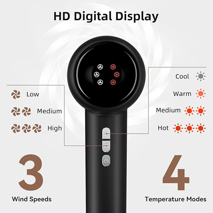 Fast Drying High Speed Hair Dryer,Negative Ionic Care Blow Dryer,Less Heat Damage Blow Dryer with Brushless Motor,Thermo-Control Low Noise with Magnetic Nozzle & Diffuser, Black