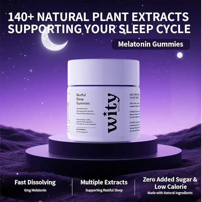 WITYWAYS Melatonin Sleep Gummies for Adults - Fast-Acting 20 Minute Sleep Aid with Ashwagandha KSM-66 & L-Theanine, Sugar-Free Plant-Based Sleep Support, 60 Chewables for Restful Nights (2)