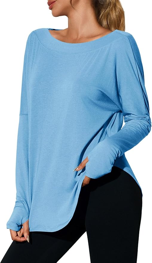 Tankaneo Womens Open Back Workout Shirts Casual Long Sleeve Boat Neck Tops Athletic Gym Yoga Tees with Thumb Holes