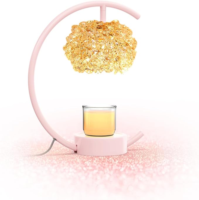 Pink Candle Warmer Lamp for Jar Candles with Adjustable Brightness&Timer,Handcrafted Crystal&Wooden Base,Candle Lamp Luxurious Design+2Bulbs,Home Decoration Electric Candle lamp(C-Shaped)