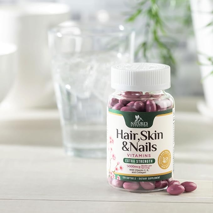 Hair, Skin & Nails Vitamins for Women - Biotin 5000mcg to Support Hair Growth with Argan Oil, Collagen & Hyaluronic Acid, Beautiful, Stronger Skin, Hair & Nails Vitamin Supplement - 120 Softgels
