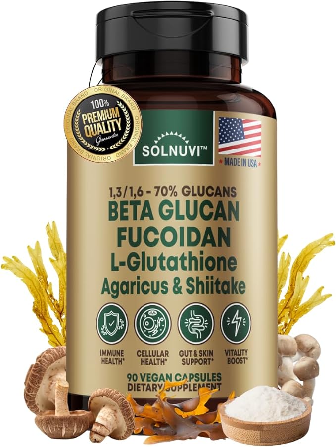 Beta Glucan & Fucoidan Brown Seaweed Extract - L Glutathione, Shiitake, Agaricus Blazei Mushroom, Vitamin C - Immune, Cellular, Healthy Aging Support - 90 Capsules, Non GMO, Gluten Free Supplement