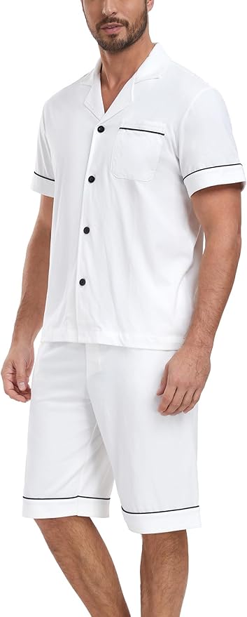 COLORFULLEAF Men's 100% Cotton Short Sleeve Pajama Sets Button Down Notched Collar Sleepwear Soft Lounge Pjs with Pockets