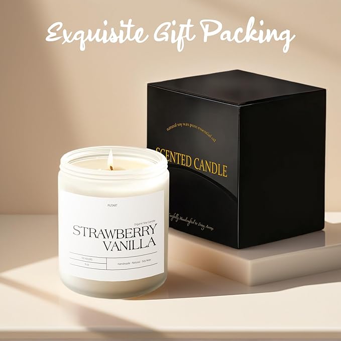 Strawberry Vanilla Highly Scented Candle for Home, 9oz Natural Soy Aromatherapy Non Toxic Candles with Essential Oil, Home Fragrance Stress Relief & Meditation Jar Candles Gifts for Women & Men