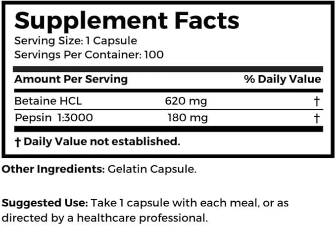 Dr. Clark Betaine HCL Supplement with Pepsin, 800mg, 100 Gelatin Capsules