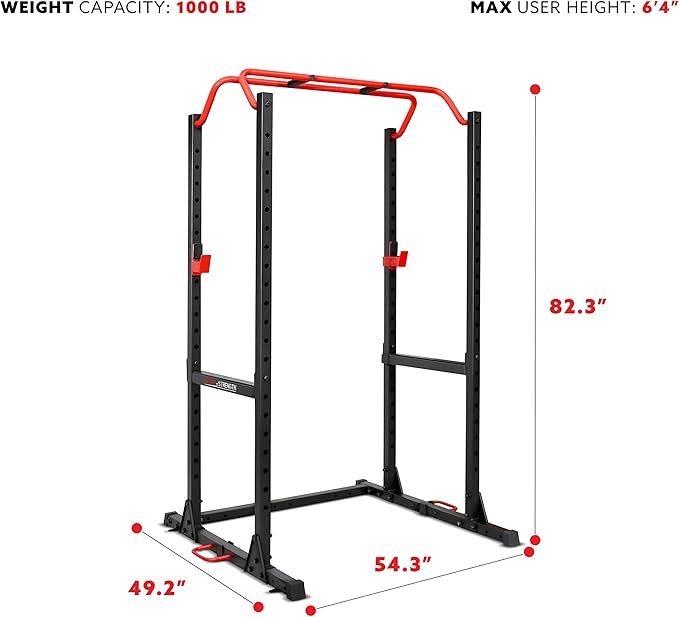 Sunny Health & Fitness Power Cage and Squat Rack In High Weight Capacity with J-Hooks, Adjustable Pull Up Bar, Weight Plate Holders, Resistance Band Posts