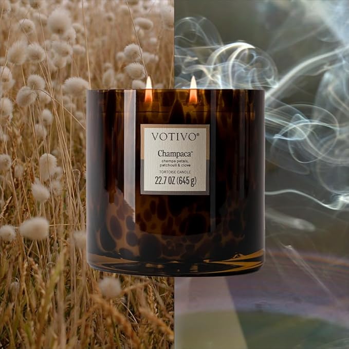 Votivo Champaca Tortoise Scented Candle | 22.7 oz Soy Wax Blend | Patchouli Scent | Decorative Home Decor Tortoiseshell Pattern | 100 Hour Burn Time