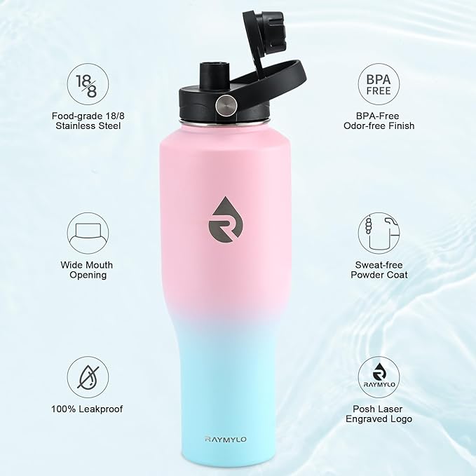 40 oz Insulated Water Bottle with Straw fit in Car Cup Holder, Triple Wall Vacuum Stainless Steel(Cold 48 hrs, Hot 24 hrs), Leakproof & Non-BPA, Hydro Travel Flask with Straw and Spout Lid