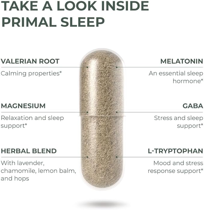 Primal Harvest Primal Sleep Support Supplement for Adults with Melatonin, GABA, Valerian Root, L-Tryptophan, Magnesium Bisglycinate Chelate, and Chamomile for Deep Restful Sleep