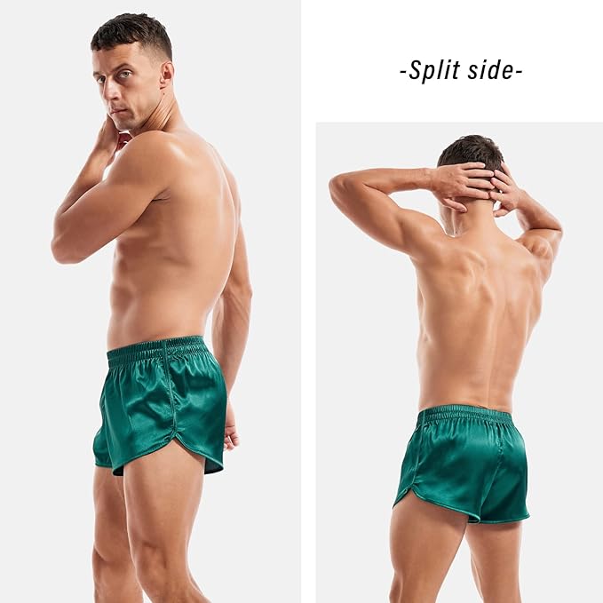 AMY COULEE Mens Satin Shorts Silk Boxers Sexy Split Side Lounge Shorts 3 Inch Pajama bottoms