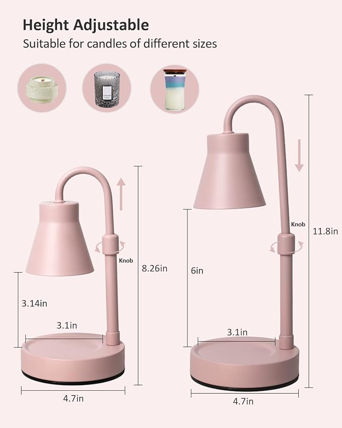 2 Pack Pink-Color Candle Warmer Lamp, Adjustable Height, Stepless Dimming Function Lamp Candle Warmer, Electric Wax Melt Warmer for Jar Candles, No Flame Scented Candle lamp with 2 Bulbs