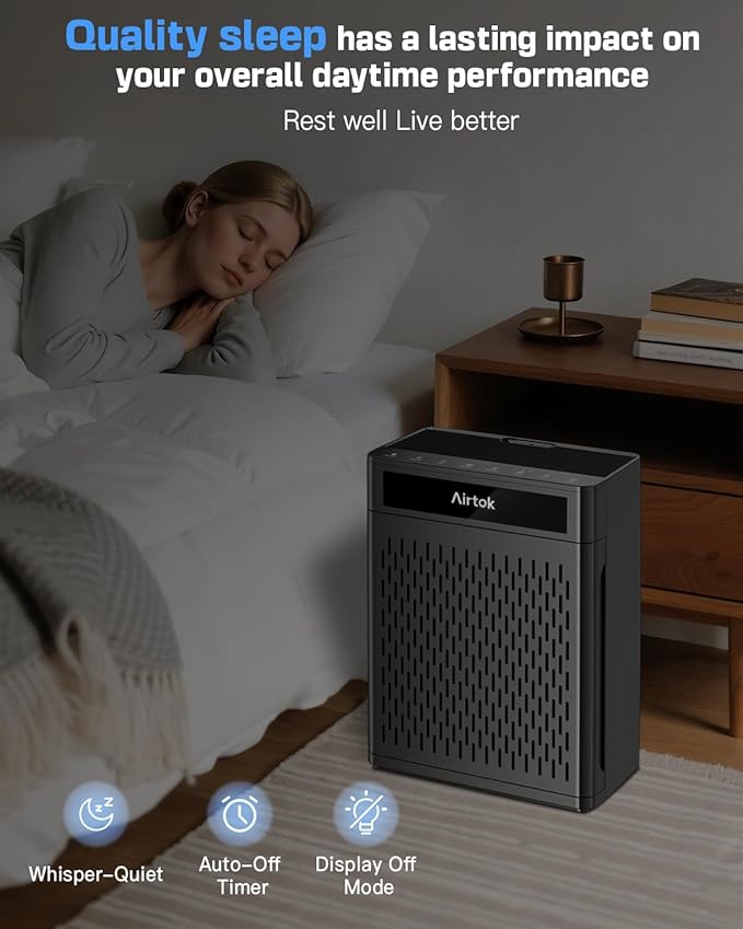 Air Purifiers for Home Large Room Up to 1848sq.ft, Airtok Air purifier for Home Pet, Washable Pre-Filter Air Quality Monitor HEAP Sleep Mode Air Cleaner for Bedroom, Dorm room, Office, AP3001 Black