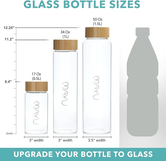 mayu Water Bottle with Bamboo Lid, Eco Friendly & BPA Free, Plastic Free Borosilicate Glass Bottle - Zero Leak Design - for Outdoor Picnic, Everyday Use and Non-Toxic Hydration | 1L, 34OZ