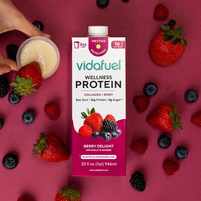 Vidafuel Wellness Protein Drink, 16g Protein per 2oz Shot, 32 fl oz Carton, 2 Pack, Berry, Collagen and Whey Drink, No Artificial Sweeteners