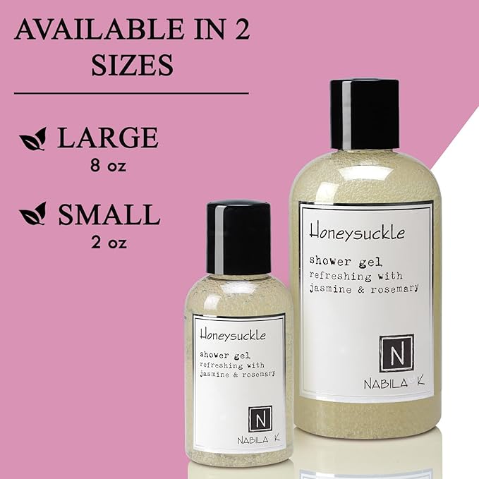 Nabila K Honeysuckle Shower Gel, Travel Size Refreshing Body Wash with Jasmine & Rosemary, 2 oz - Naturally Derived, Sulfate-Free, Paraben-Free - Made in the USA