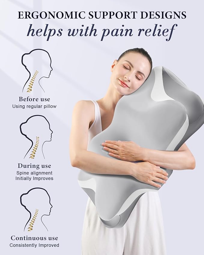 Cervical Neck Pillow for Pain Relief, Cooling Ergonomic Memory Foam Pillows for Sleeping with Luxury Breathable Pillowcase, Contour Orthopedic Neck Support Pillow for Side Back Stomach Sleepers-Grey