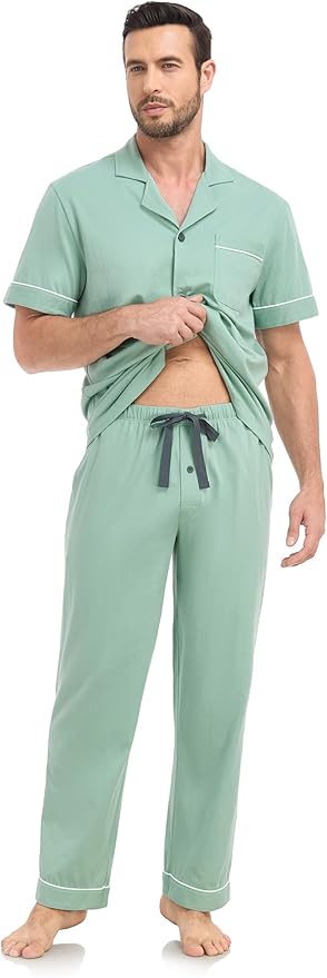 COLORFULLEAF Men's 100% Cotton Pajamas Set Button Down Sleepwear Short Sleeve and Long Pants Pjs