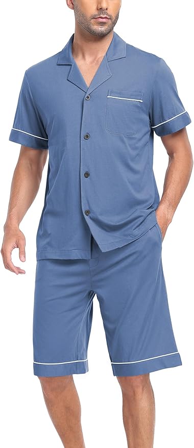 COLORFULLEAF Men's 100% Cotton Short Sleeve Pajama Sets Button Down Notched Collar Sleepwear Soft Lounge Pjs with Pockets