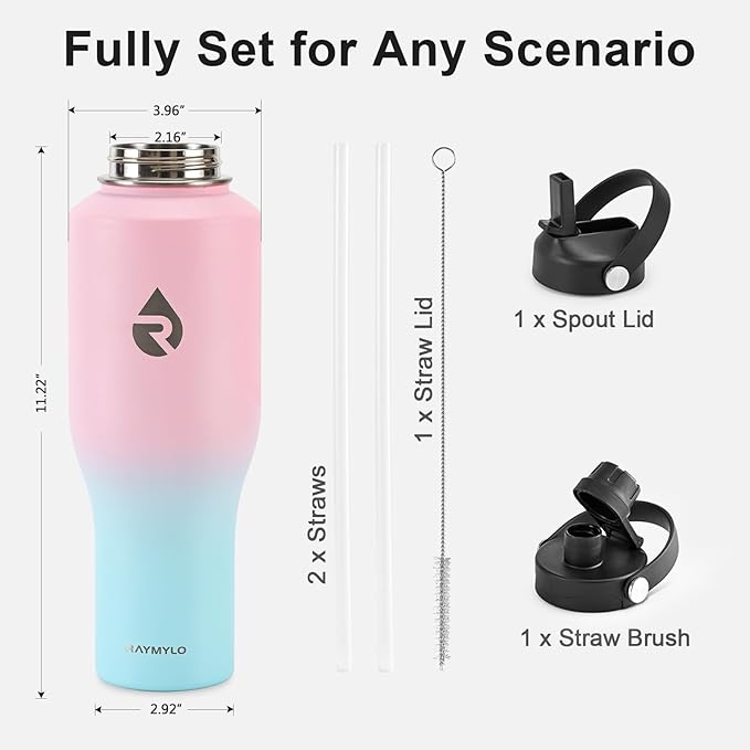 40 oz Insulated Water Bottle with Straw fit in Car Cup Holder, Triple Wall Vacuum Stainless Steel(Cold 48 hrs, Hot 24 hrs), Leakproof & Non-BPA, Hydro Travel Flask with Straw and Spout Lid
