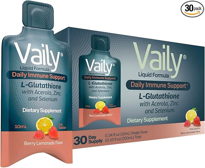 Vaily Immune Support Supplement for Adults - Liquid Glutathione Supplement 860 mg w/Acerola Vitamin C Zinc & Selenium - High Potency Antioxidant, Skin Health, Detox Every Day - 30 Single-dose Vials