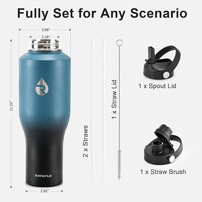 40 oz Insulated Water Bottle with Straw fit in Car Cup Holder, Triple Wall Vacuum Stainless Steel(Cold 48 hrs, Hot 24 hrs), Leakproof & Non-BPA, Hydro Travel Flask with Straw and Spout Lid