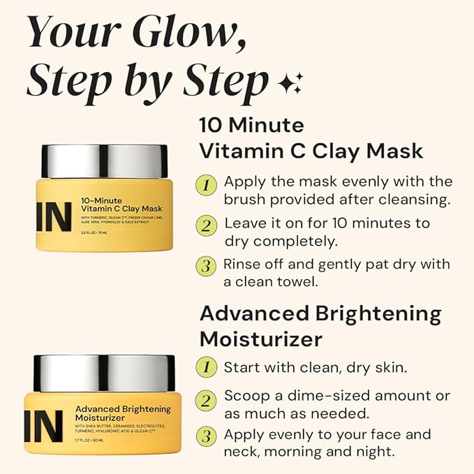 Gleamin Brightening Duo – Vitamin C Clay Mask & Advanced Brightening Moisturizer for Dark Spots, Uneven Tone & Glowing Skin