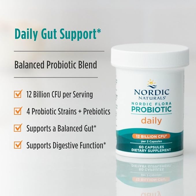 Nordic Naturals Nordic Flora Probiotic Daily - 60 Capsules - 4 Probiotic Strains with 12 Billion Cultures - Optimal Wellness, Immune Support, Digestive Health - Non-GMO, Vegan - 30 Servings