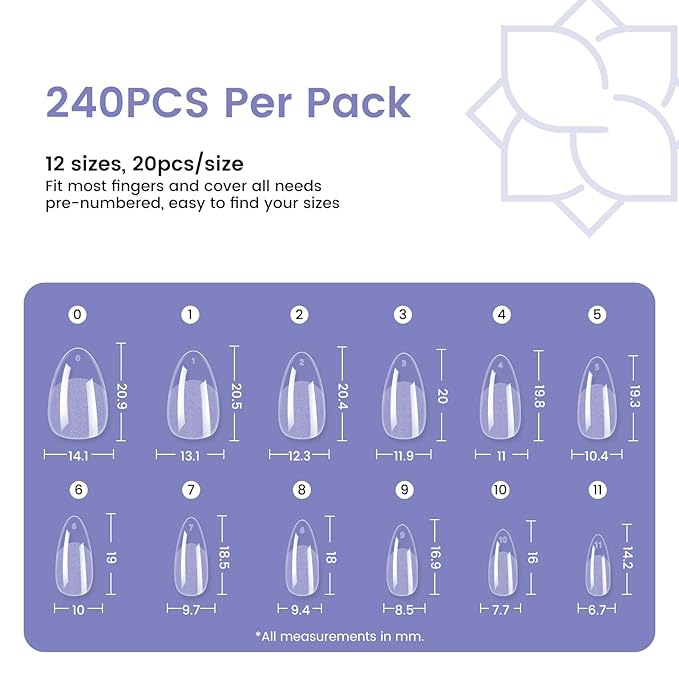 Short Almond Nail Tips: 240PCS Soft Gel Pre-Shaped Acrylic Fake Almond Nail Tips, 12 Sizes Full Cover Clear Press on Nails for Girls Women Nail Art Design