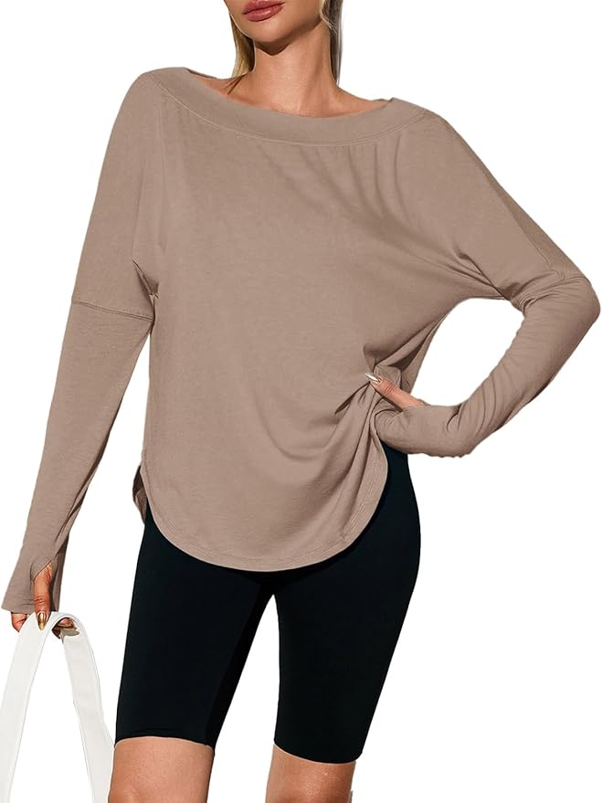 Tankaneo Womens Open Back Workout Shirts Casual Long Sleeve Boat Neck Tops Athletic Gym Yoga Tees with Thumb Holes